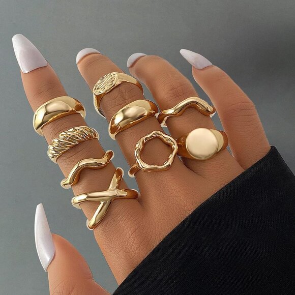 Women Gold Ring Set Chunky Adjustable Knuckle Finger Stackable Statement Jewelry - Picture 7 of 7